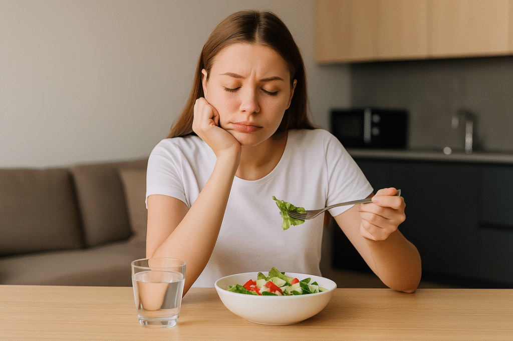 Mulher comendo salada distraída, olhando para o lado, representando a prática de comer no automático — oposto ao mindful eating.