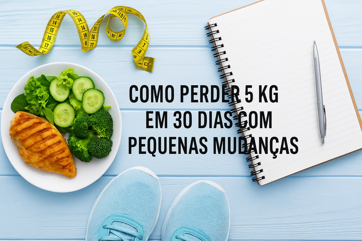 Prato saudável, tênis, caderno e fita métrica ilustrando como perder 5 kg em 30 dias com pequenas mudanças na rotina