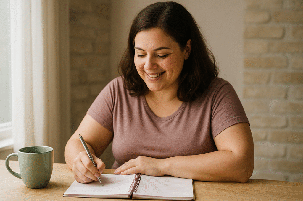 Mulher sorrindo enquanto escreve metas em um caderno, simbolizando o início de uma nova fase de autoconfiança.