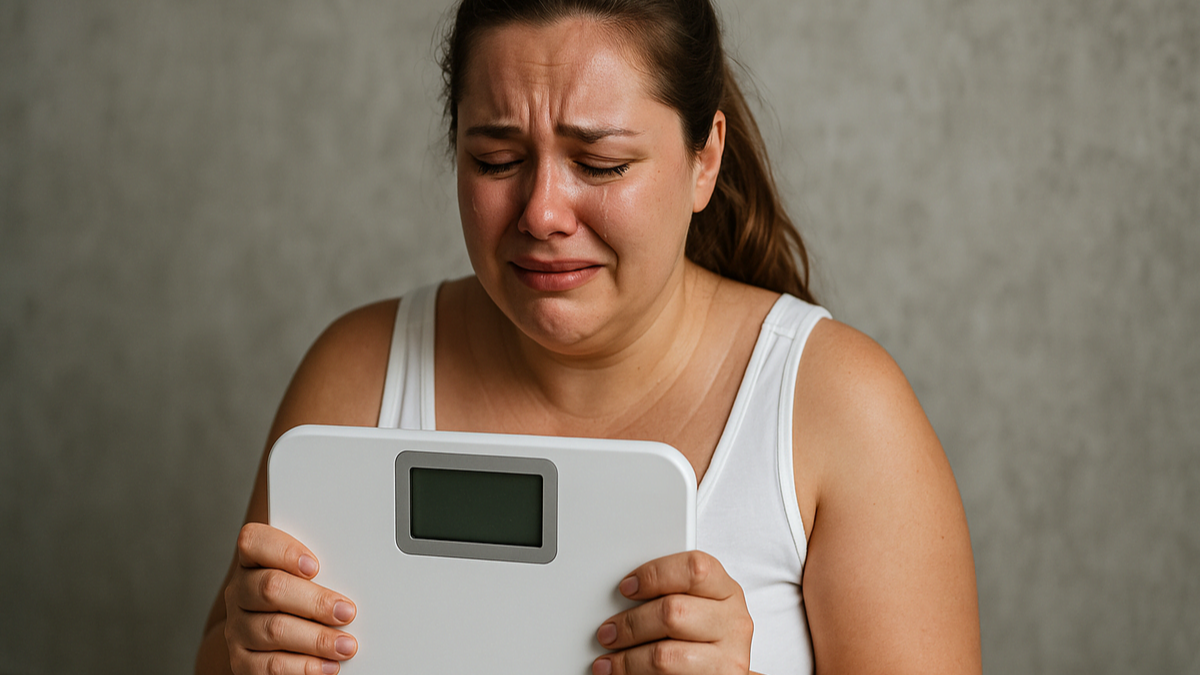 Mulher emocionada segurando uma balança, simbolizando superação e início de transformação pessoal.
