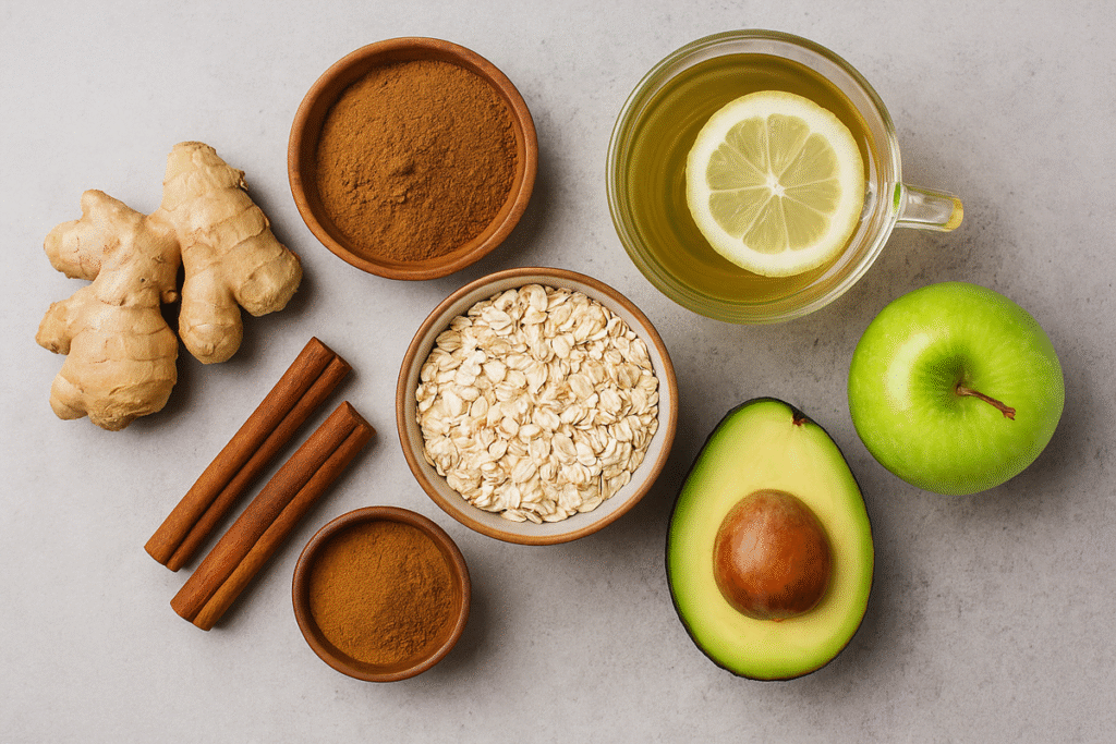 Aveia, gengibre, canela, abacate e chá verde sobre fundo cinza representando alimentos emagrecedores