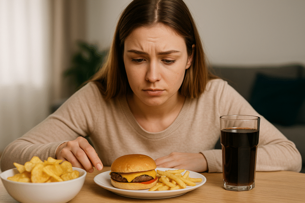 Pessoa encarando uma bancada cheia de doces e fast food com expressão de tentação e indecisão