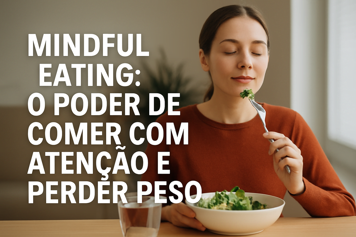 Mulher praticando mindful eating, sentada à mesa com uma tigela de salada, olhos fechados e expressão serena. A cena representa o ato de comer com atenção plena, saboreando cada mordida, em um momento de conexão entre corpo e mente. Essa imagem ilustra perfeitamente o conceito de alimentação consciente voltada para o emagrecimento saudável.