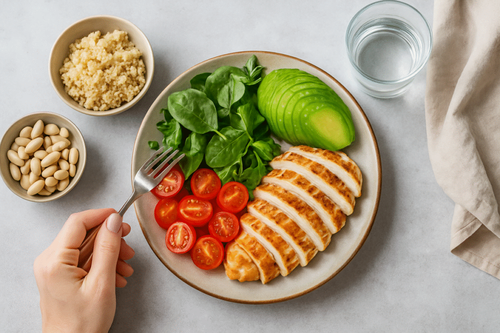 Prato saudável com frango grelhado, abacate, folhas verdes e tomate, representando uma alimentação leve para como perder 5 kg em 30 dias