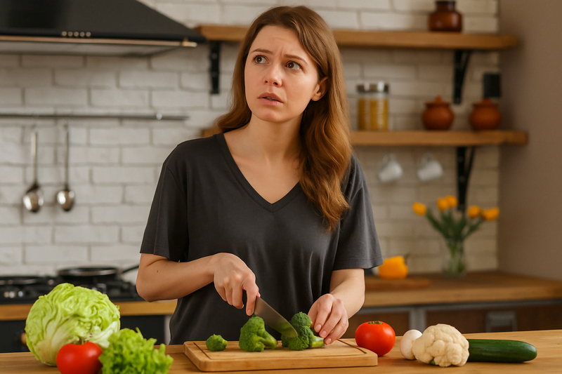 Mulher cortando vegetais frescos em uma cozinha moderna, representando o funcionamento natural da Dieta Oculta no corpo.