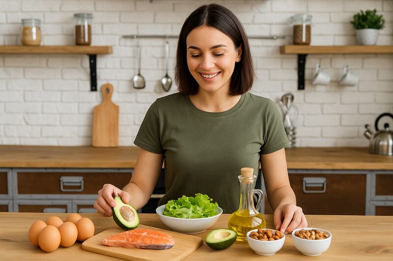 Mulher sorridente em cozinha moderna preparando refeição cetogênica com salmão, abacate, ovos, azeite e castanhas.