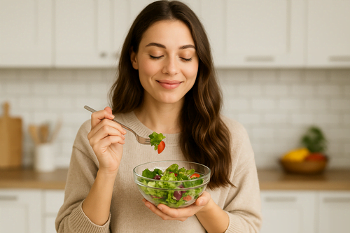 Mulher saudável comendo salada fresca em uma cozinha moderna e iluminada, simbolizando como incluir o alimento que liga o metabolismo na rotina.