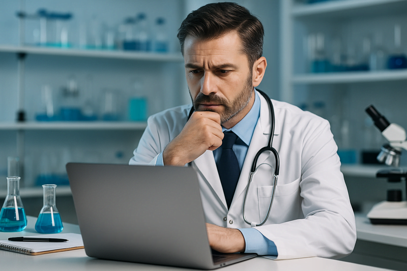 Médico em laboratório moderno analisando dados em laptop, representando pesquisas sobre a Dieta Oculta.