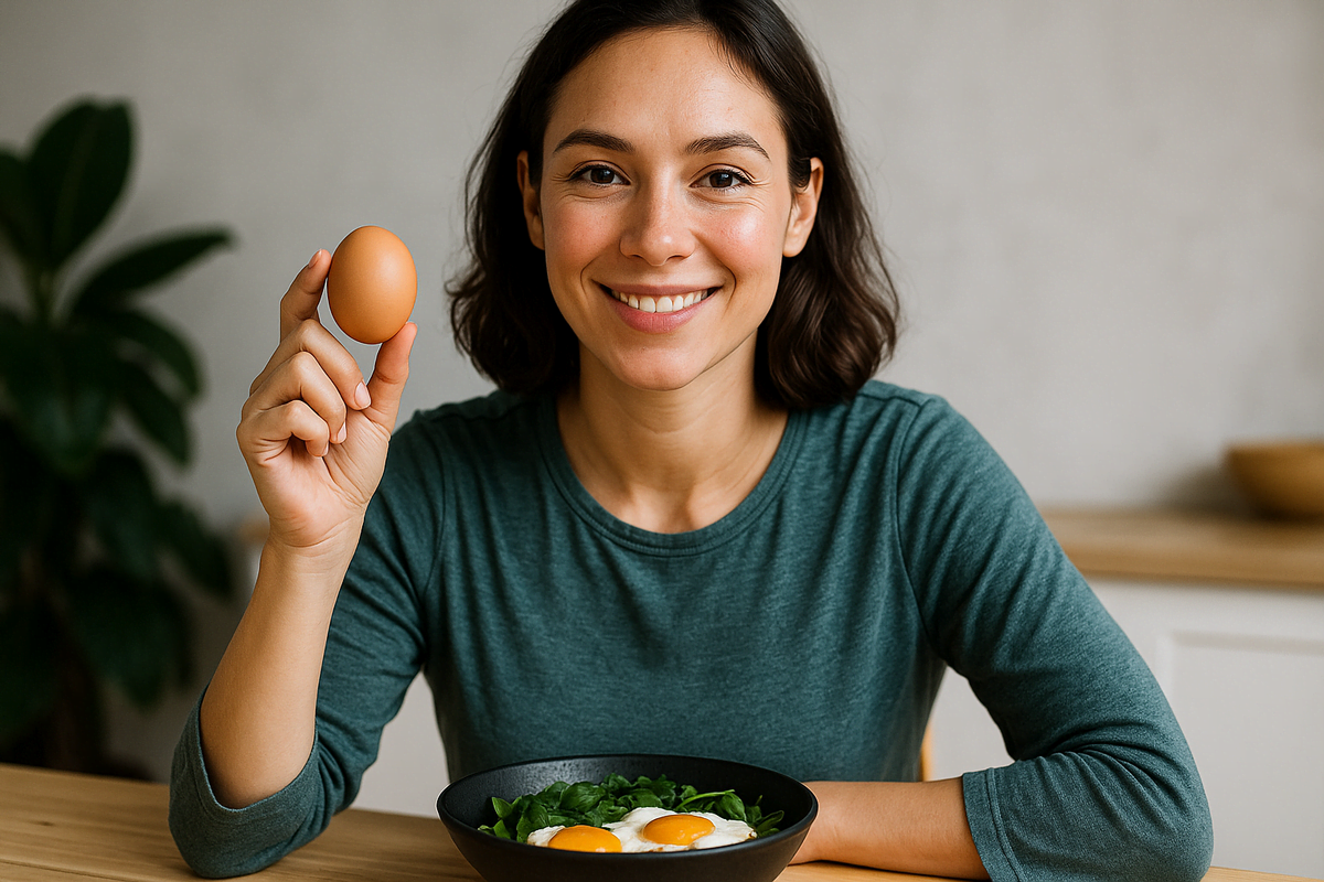Pessoa saudável preparando ovos e vegetais frescos em uma cozinha moderna e iluminada, representando o alimento que liga o metabolismo e apaga a fome naturalmente.