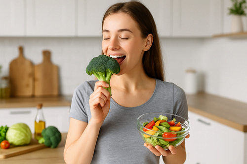 Mulher saudável segurando uma tigela de salada e um brócolis em uma cozinha iluminada, representando o alimento que liga o metabolismo e reduz a fome naturalmente.