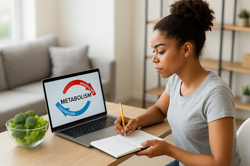 Pessoa estudando sobre metabolismo em um ambiente iluminado, com notebook e alimentos saudáveis sobre a mesa.