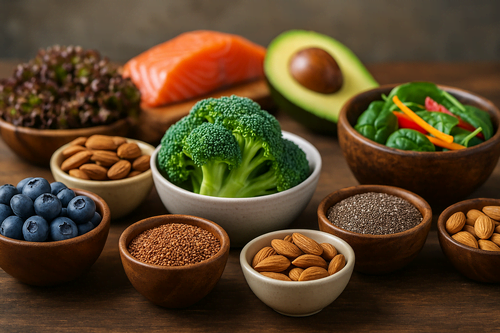 Mesa com alimentos termogênicos como brócolis, salmão, amêndoas, abacate e chia, representando outros alimentos que também ligam o metabolismo.