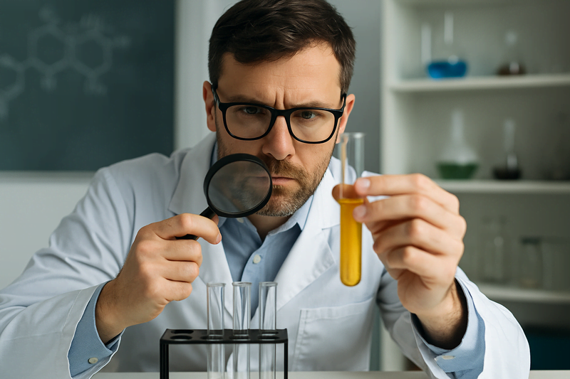 Cientista analisando substâncias naturais em laboratório moderno, representando a base científica da Dieta Oculta.
