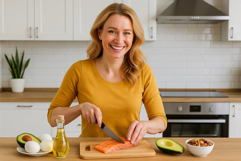 Mulher sorridente cortando salmão fresco em cozinha moderna, com abacate, ovos e azeite sobre a mesa, representando refeições cetogênicas saudáveis.