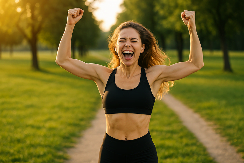 Mulher sorridente em um parque ao pôr do sol, simbolizando energia, confiança e vitalidade após seguir a Dieta Oculta.