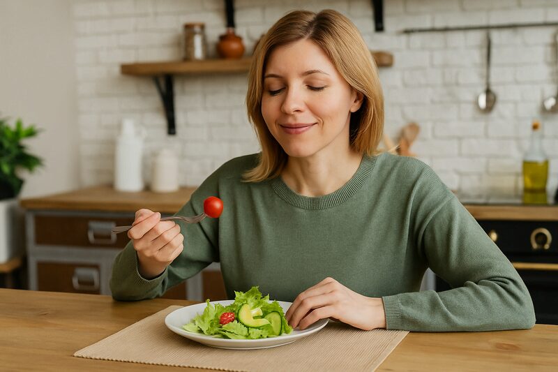 Mulher sorridente saboreando salada fresca com abacate e tomate, transmitindo leveza e satisfação após refeição cetogênica saudável.