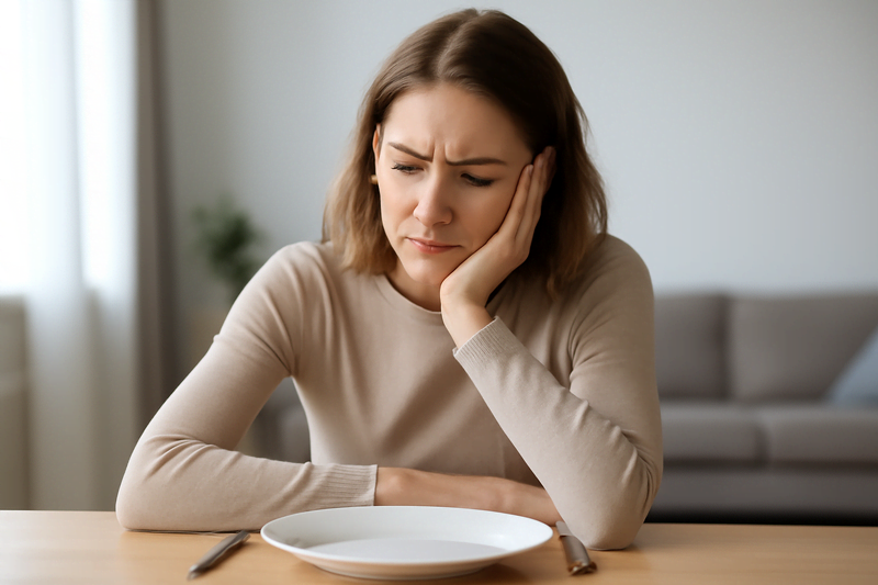 Mulher pensativa olhando para prato vazio representando que a dieta perfeita não existe e gera frustração no emagrecimento