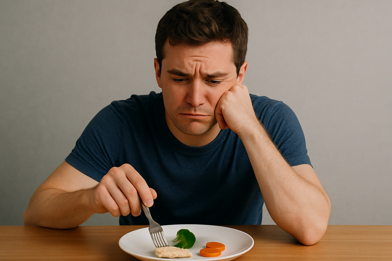 Homem frustrado diante de prato com pouca comida representando que dietas restritivas falham no longo prazo