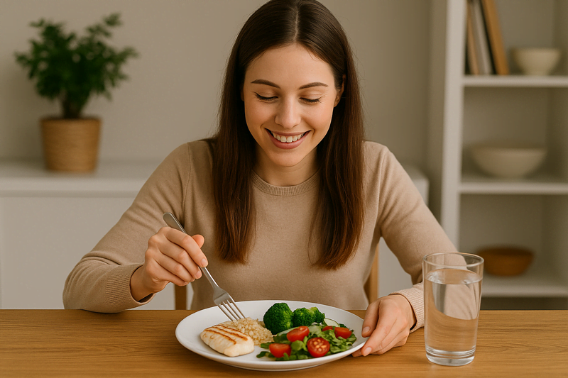 Mulher sorrindo enquanto faz refeição equilibrada representando o que funciona de verdade para emagrecer com saúde