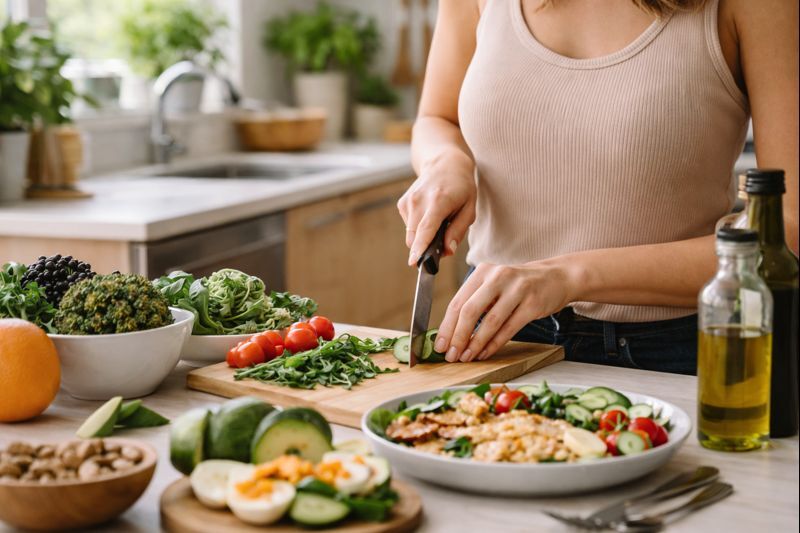 Pessoa real preparando refeição com alimentos naturais representando alimentação com qualidade e metabolismo ativo