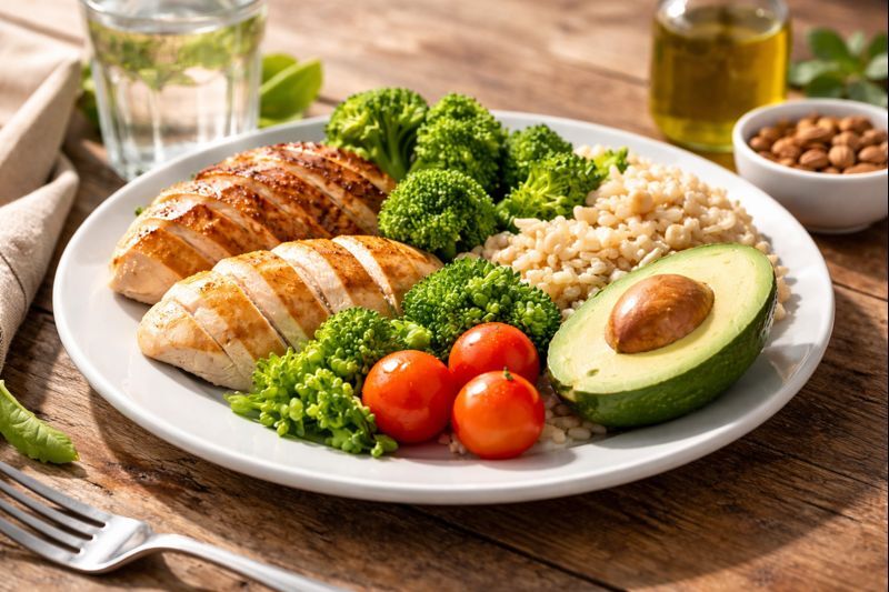 Prato equilibrado com proteínas, fibras e gorduras boas representando hábitos nutricionais para perder peso sem passar fome.