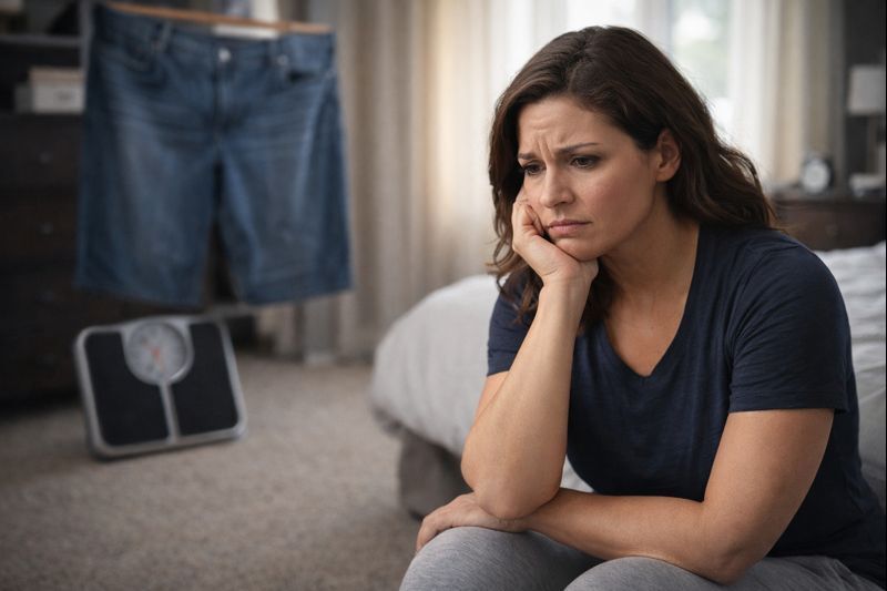 Pessoa comum demonstrando ceticismo após várias tentativas frustradas de emagrecimento, representando a desconfiança em histórias reais de emagrecimento.