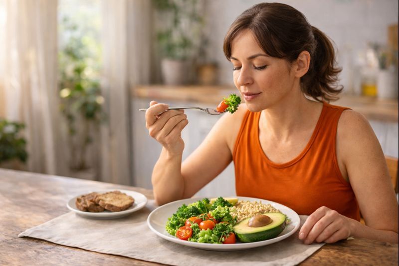 Pessoa comendo de forma consciente e tranquila, representando o hábito de comer com atenção plena para perder peso sem passar fome.
