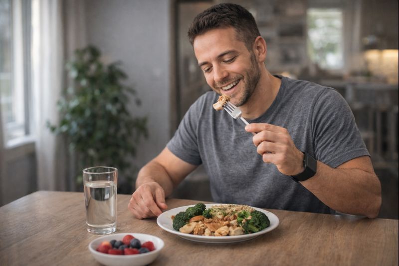 Homem comum fazendo uma refeição equilibrada em casa, representando como comer melhor pode funcionar mais do que comer menos no emagrecimento.