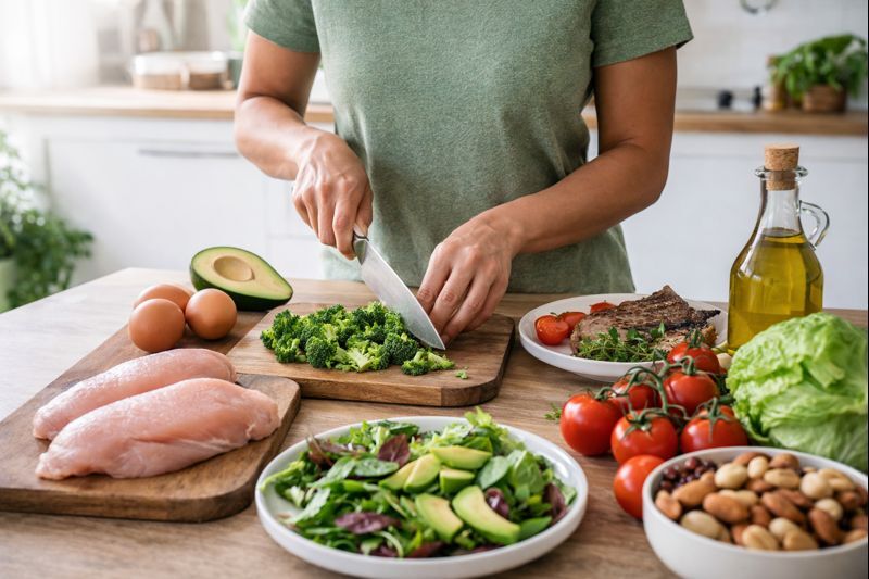 Pessoa preparando refeição da dieta low-carb para emagrecer com saúde com alimentos naturais e equilibrados