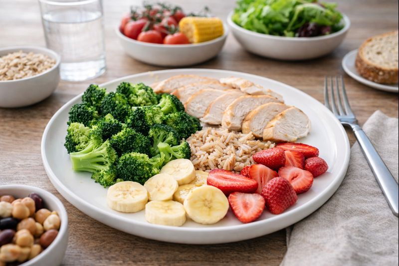 Prato equilibrado da dieta low-fat para emagrecer com saúde com alimentos naturais e porções controladas