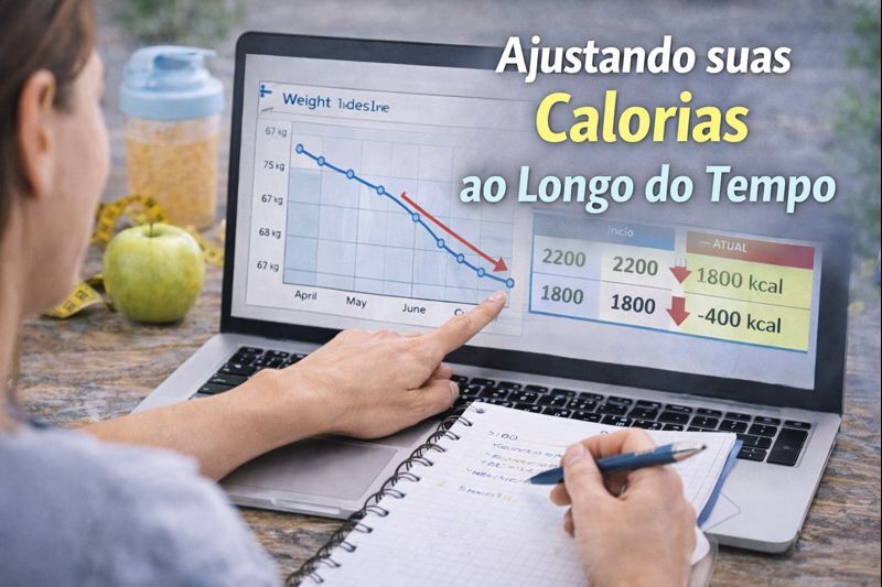 Pessoa analisando evolução do peso e ajustando calorias para alcançar resultados realistas no emagrecimento
