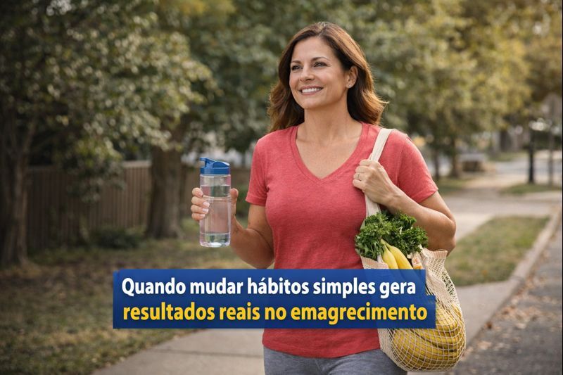 Mulher comum caminhando ao ar livre com alimentos naturais, representando como hábitos simples podem gerar resultados reais no emagrecimento.