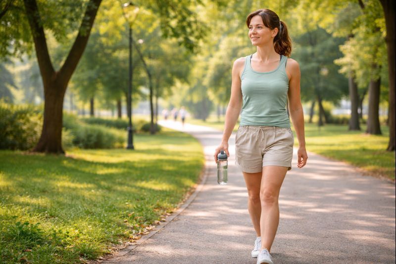 Pessoa caminhando em ritmo leve ao ar livre, representando movimento diário sem obsessão para perder peso de forma sustentável.