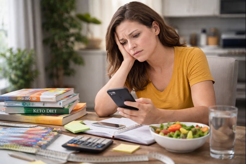 Pessoa confusa cercada por informações de dietas diferentes, representando o erro de buscar o método perfeito e travar o emagrecimento.