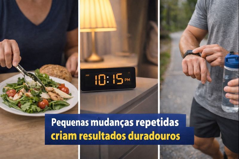 Rotina com alimentação simples, sono regulado e movimento diário mostrando que pequenas mudanças repetidas criam resultados duradouros no emagrecimento.