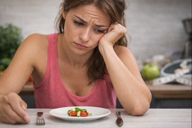 Pessoa observando prato pequeno com expressão de frustração mostrando que reduzir porções não basta para emagrecer