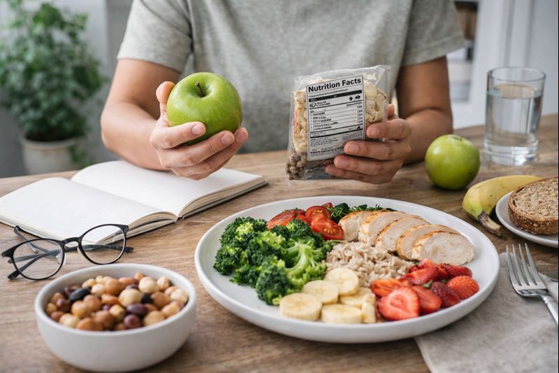 Pessoa comparando rótulos e alimentos naturais para tomar decisão consciente e emagrecer com saúde
