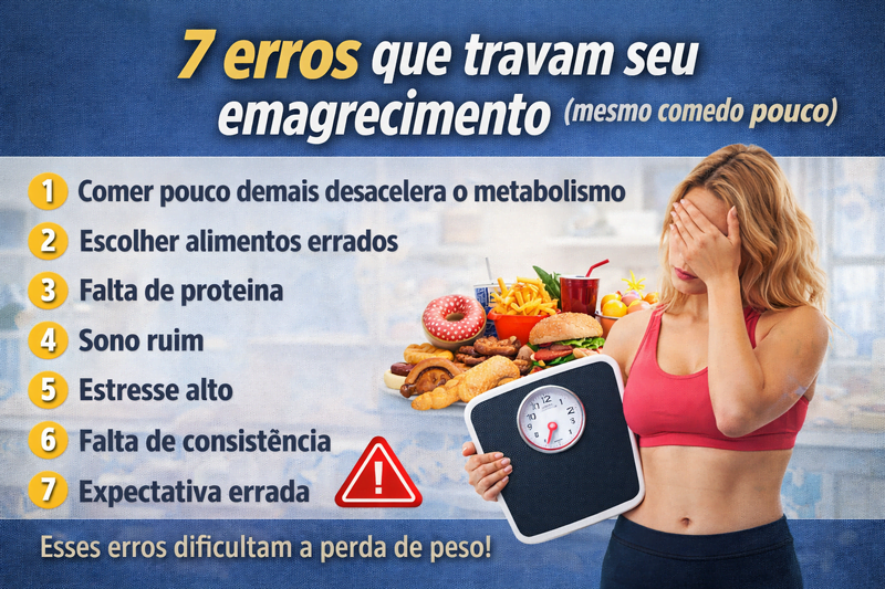 7 erros que travam seu emagrecimento mesmo comendo pouco mostrando mulher frustrada com balança e alimentos errados