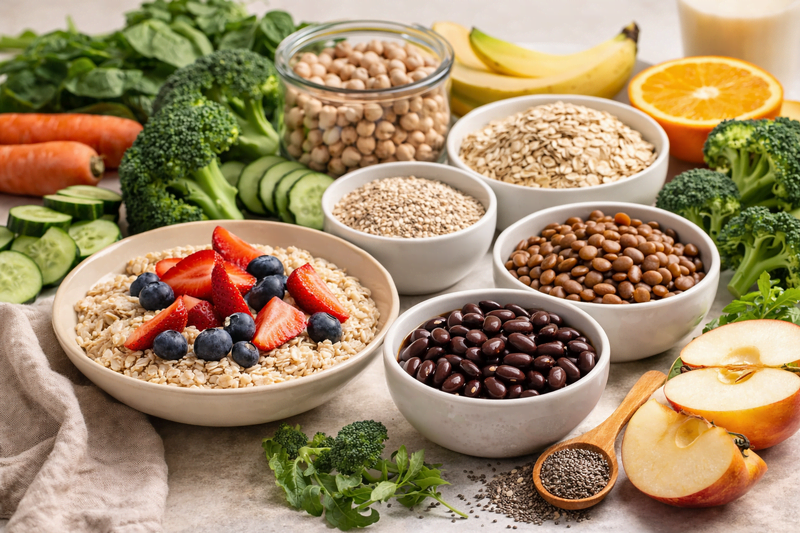 Mesa com aveia, feijões, chia, frutas, legumes e vegetais frescos em composição saudável voltada à saciedade.