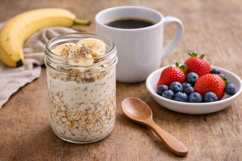 Pote de overnight oats com banana, chia e aveia ao lado de café preto, banana e frutas vermelhas sobre mesa rústica.