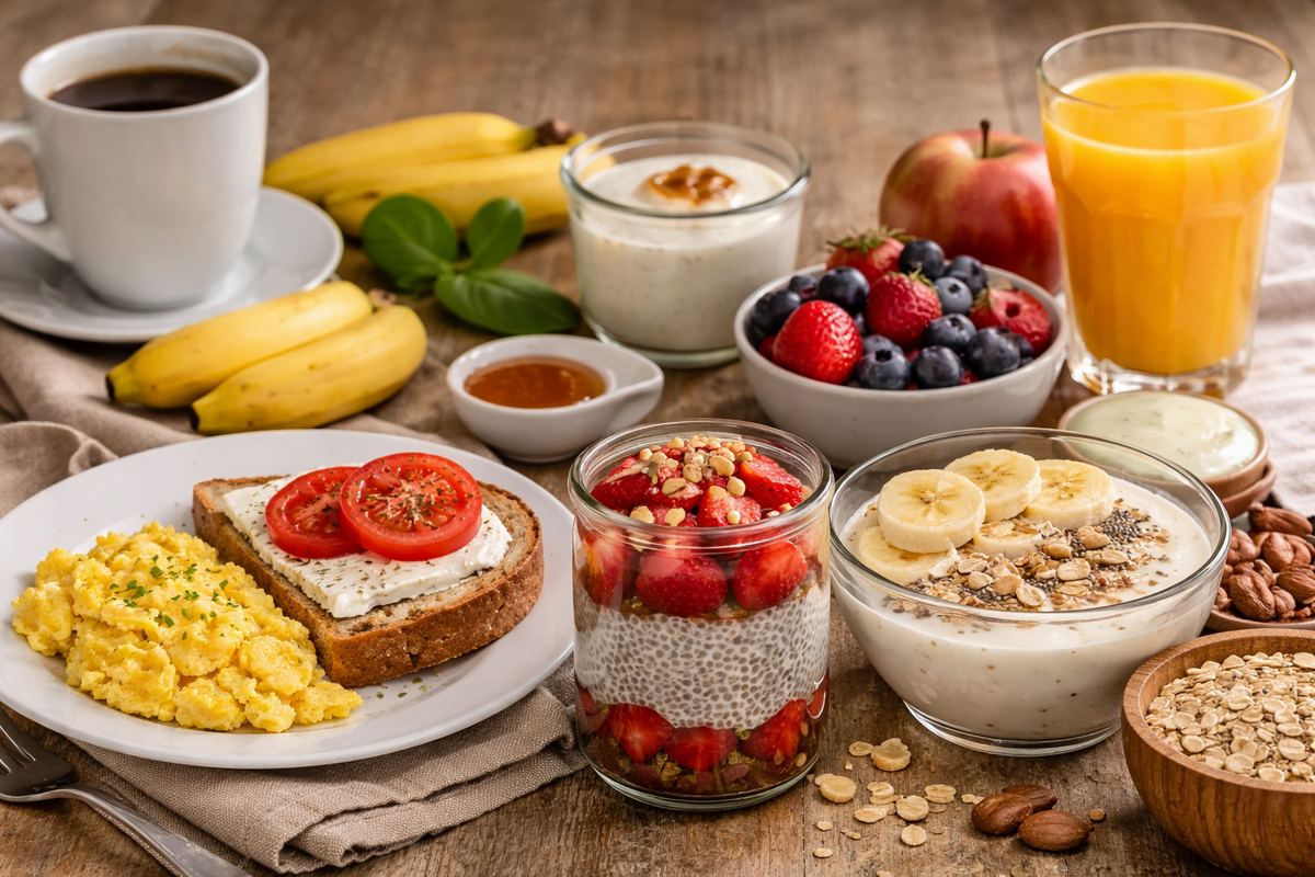 Café da manhã saudável com ovos mexidos, pão integral com creme e tomate, pudim de chia com morangos, tigela de iogurte com banana e aveia, frutas frescas, café e suco sobre mesa rústica.