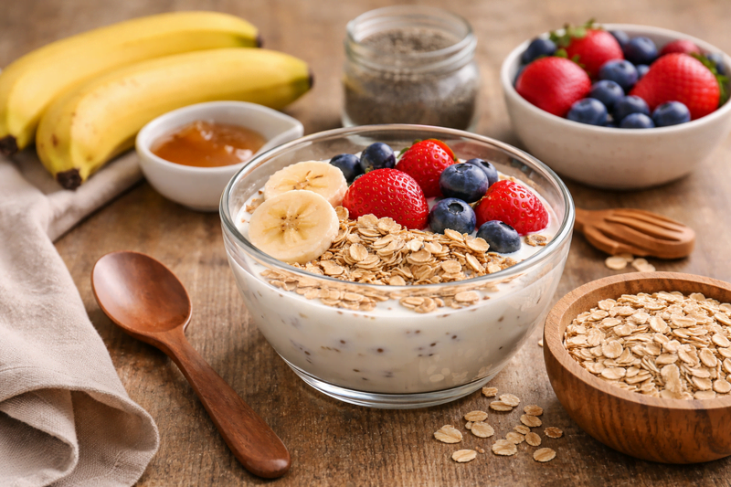 Tigela de café da manhã com iogurte, aveia, banana, morangos, mirtilos e chia sobre mesa rústica de madeira.