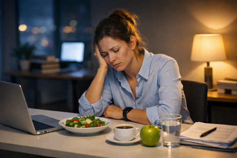 Mulher cansada sentada à mesa à noite com notebook, prato de salada, café, maçã, água e papéis de trabalho.