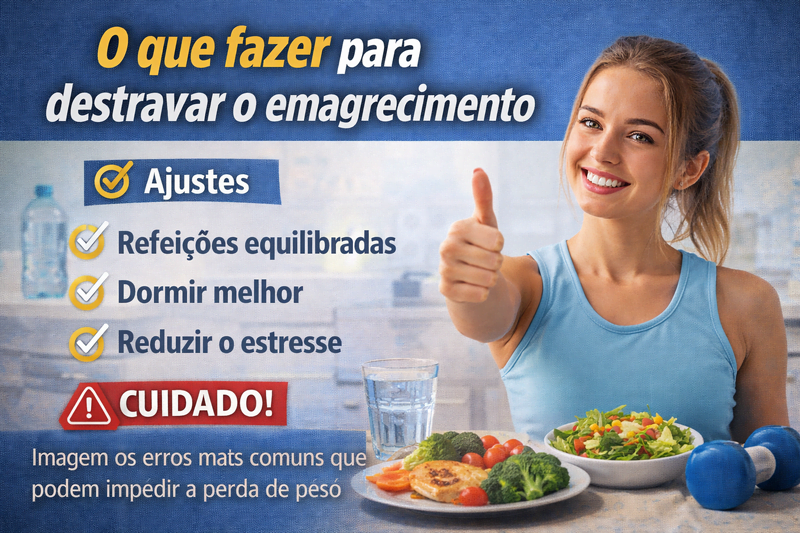 O que fazer para destravar o emagrecimento com jovem saudável mostrando alimentação equilibrada e hábitos corretos