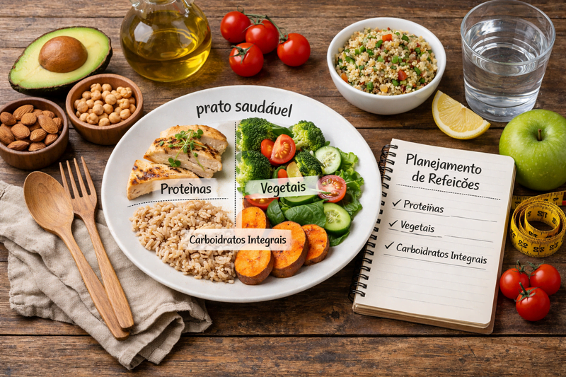 Prato equilibrado com proteínas, vegetais e carboidratos integrais mostrando como montar refeições que aumentam a saciedade