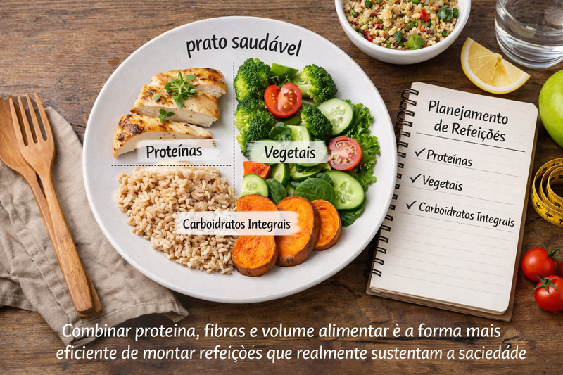 Prato saudável com proteínas, vegetais e carboidratos integrais mostrando como montar refeições mais saciantes para emagrecer melhor
