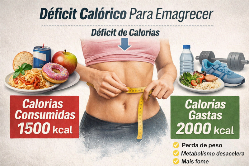Déficit calórico para emagrecer mostrando calorias consumidas e calorias gastas em uma comparação visual