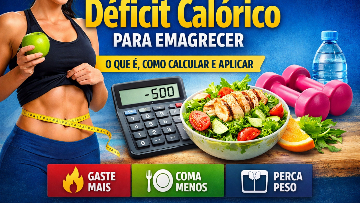 Déficit calórico para emagrecer com calculadora, alimentação saudável e fita métrica