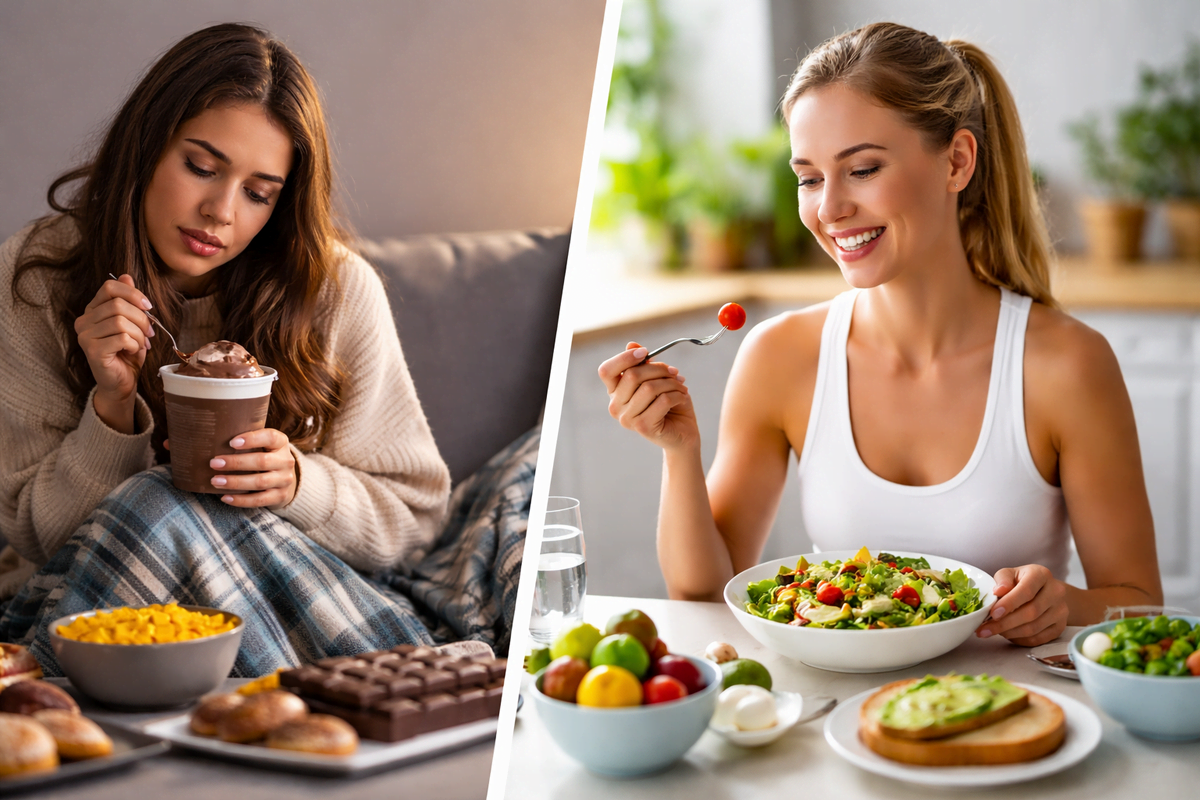 Imagem dividida mostrando uma mulher comendo sorvete e doces no sofá de um lado, e outra mulher fazendo uma refeição saudável à mesa do outro.