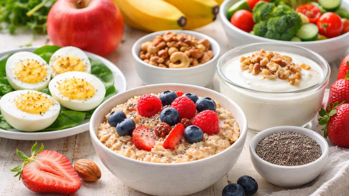 Mesa com ovos cozidos, aveia com frutas vermelhas, iogurte natural, chia, castanhas, banana, maçã e legumes frescos em composição saudável.